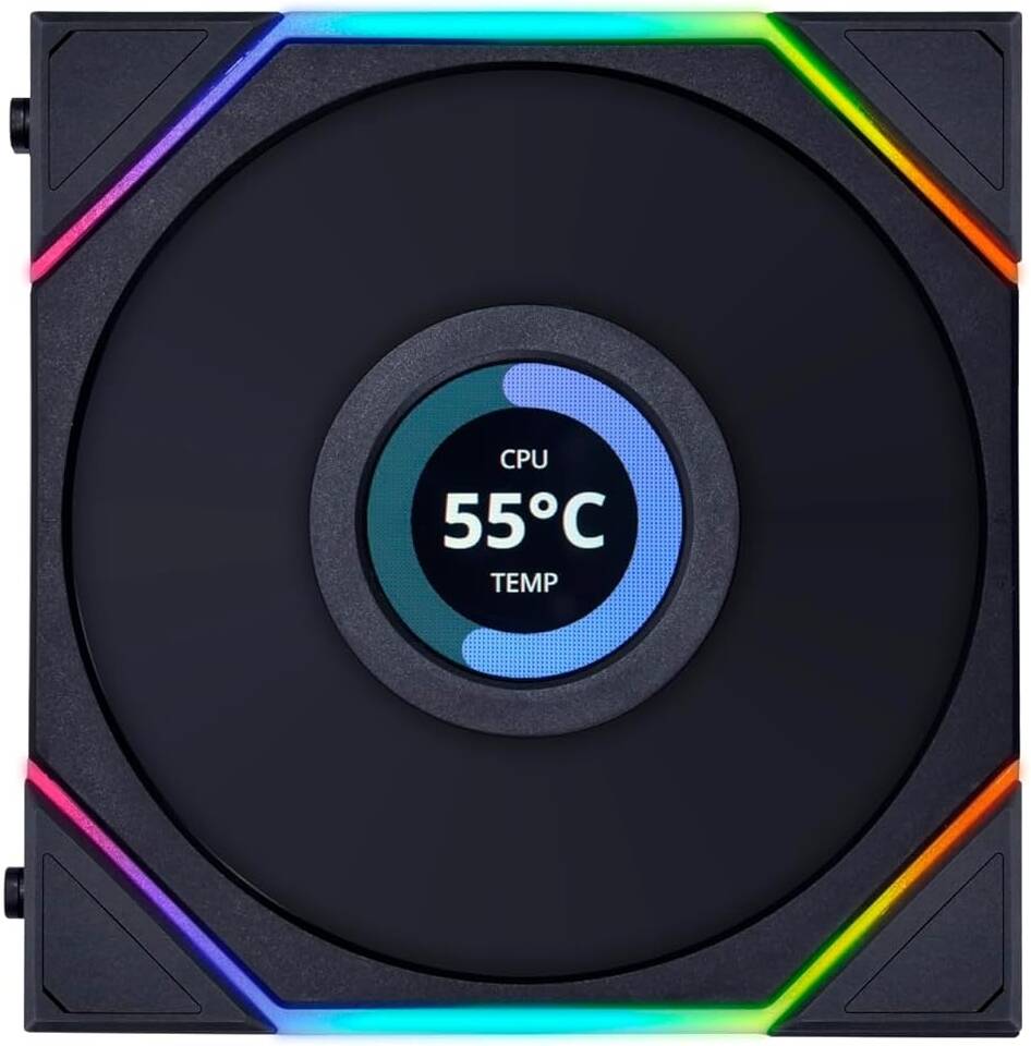 Lian Li Uni Fan TL 120 Case Fan, 1.6” LCD, 120mm Fan Size, 1900 RPM Fan Speed, 62 CFM Airflow, PA66 / PBT Materials, Fluid Dynamic Bearing, Single Pack, Black | G99.12TLLCD1B.00 - Desert Games