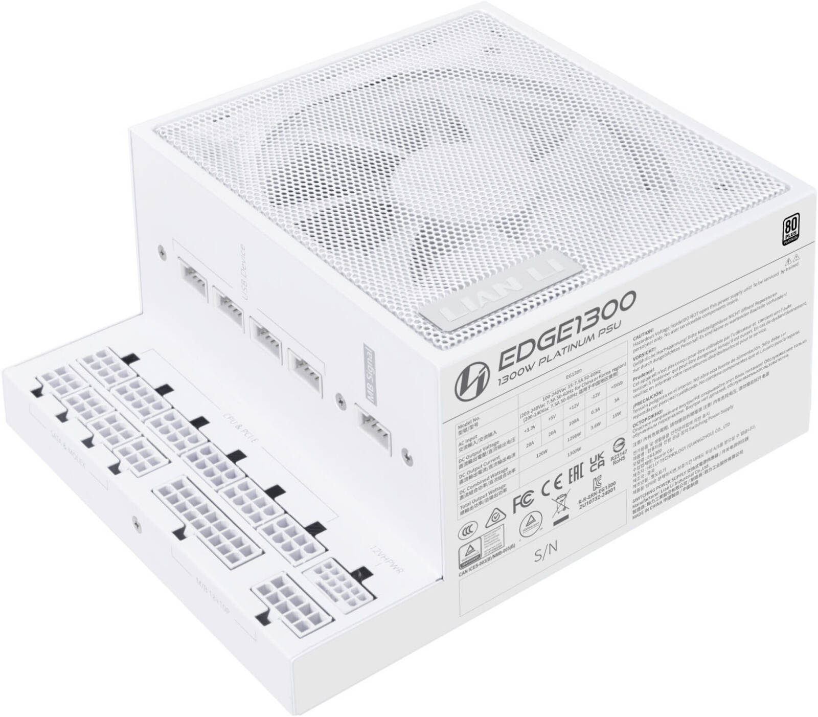 Lian-Li Edge Fully Modular Power Supply, 1300W Power, 80 Plus Platinum Certification, 120mm FDB Fan, ATX 3.0 & 3.1 Compliant, PCIe 5.1 Support, Active PFC, White | EG1300.White - Desert Games