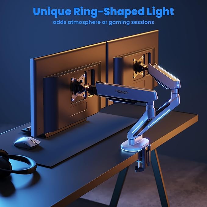 Twisted Minds 17"-32" Dual Monitor Desk Mount - Ambient Relaxing RGB Lights - Articulating Aluminum Gas Spring Monitor Stand, Detachable VESA, C-Clamp, Grommet, Cable Management - White - Desert Games