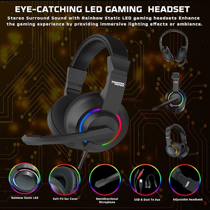Twisted Minds 4-in-1 Gaming Bundle – TM-FUSION-X - 87-Key Wired Mechanical Keyboard, 4-Level DPI Adjustable Mouse, Rainbow Static LED Headset, Large 35.3x25in Mouse Pad – Ergonomic Design for PC Gamer - Desert Games