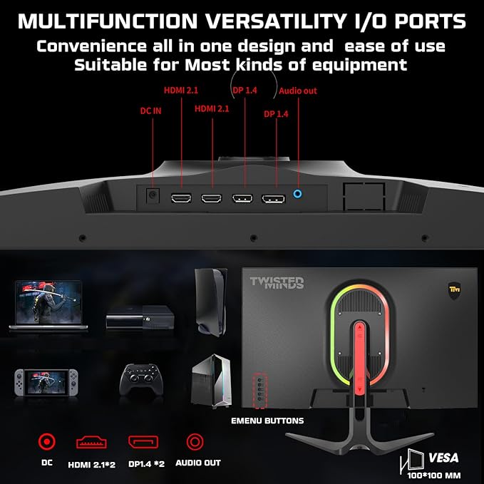 TWISTED MINDS TM27QHD180IPS Blaze Series, Flat 27 inch, 2560x1440p QHD IPS Panel, 180Hz, 0.5MS Response Time, HDR Black Gaming Monitor, HDMI 2.1 - Desert Games