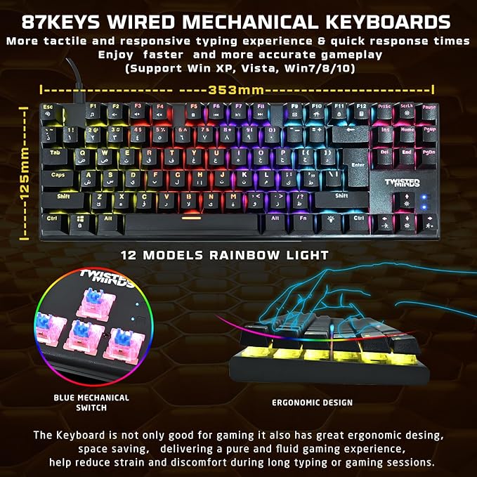 Twisted Minds 4-in-1 Gaming Bundle – TM-FUSION-X - 87-Key Wired Mechanical Keyboard, 4-Level DPI Adjustable Mouse, Rainbow Static LED Headset, Large 35.3x25in Mouse Pad – Ergonomic Design for PC Gamer - Desert Games