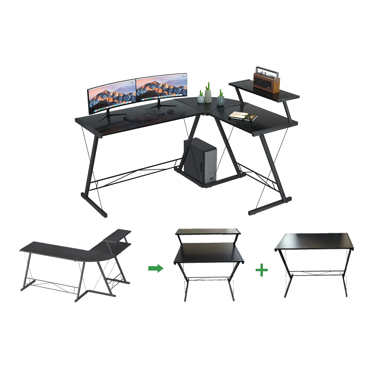 GAMEON 3 in 1 L-Shaped Slayer II XL Series Gaming Desk (Size: 150*112*74cm & Table top 100*48cm + 60*48cm) With Accessories Stand GOSLAYERXLII - Black - Desert Games