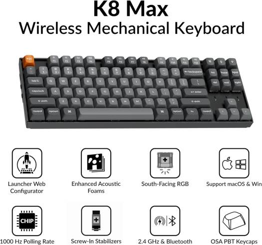 Keychron K8 Max QMK Wireless Mechanical Keyboard, English-Arabic Layout, Red Switch - Black  K8M-J1-AR - Desert Games