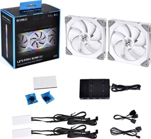 Lian Li UNI FAN SL140 Digital Addressable RGB 140 Fan with Controller, Twin Pack - White | G99.14UF2W.00 - Desert Games