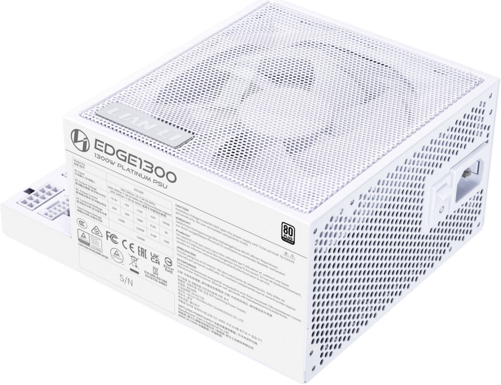 Lian-Li Edge Fully Modular Power Supply, 1300W Power, 80 Plus Platinum Certification, 120mm FDB Fan, ATX 3.0 & 3.1 Compliant, PCIe 5.1 Support, Active PFC, White | EG1300.White - Desert Games