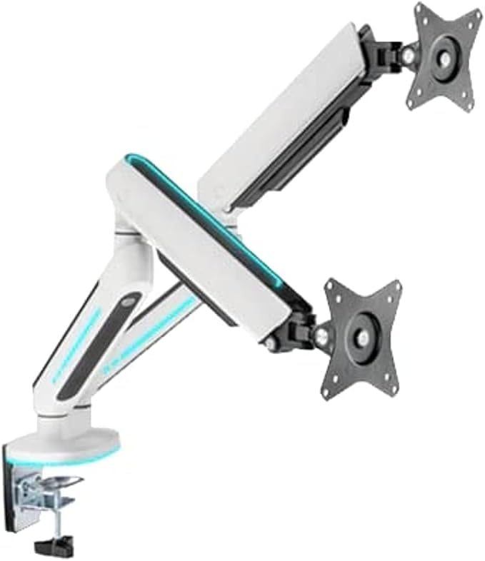 Twisted Minds 17"-32" Dual Monitor Desk Mount - Ambient Relaxing RGB Lights - Articulating Aluminum Gas Spring Monitor Stand, Detachable VESA, C-Clamp, Grommet, Cable Management - White
