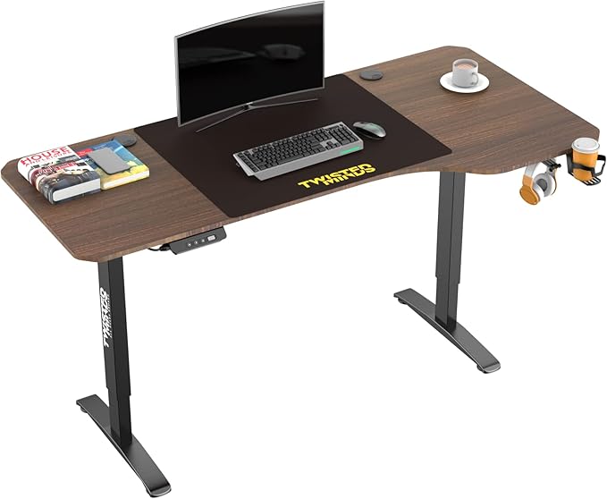 Twisted Minds T Shaped Gaming Desk Electric Height Adjustable-Right PC, Walnut Gaming Computer Desk