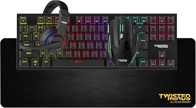 Twisted Minds 4-in-1 Gaming Bundle – TM-FUSION-X - 87-Key Wired Mechanical Keyboard, 4-Level DPI Adjustable Mouse, Rainbow Static LED Headset, Large 35.3x25in Mouse Pad – Ergonomic Design for PC Gamer
