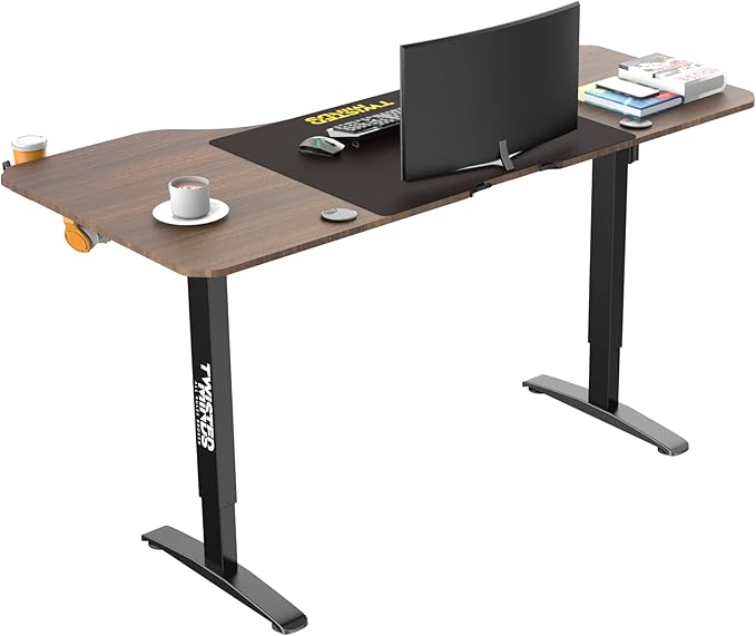 Twisted Minds T Shaped Gaming Desk Electric Height Adjustable-Right PC, Walnut Gaming Computer Desk