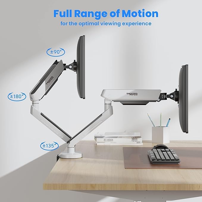 Twisted Minds 17"-32" Dual Monitor Desk Mount - Ambient Relaxing RGB Lights - Articulating Aluminum Gas Spring Monitor Stand, Detachable VESA, C-Clamp, Grommet, Cable Management - White