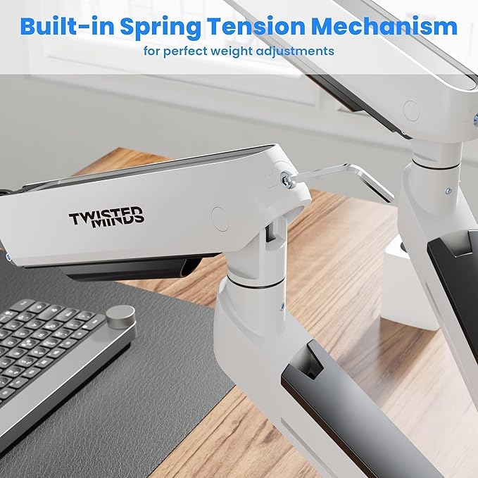 Twisted Minds 17"-32" Dual Monitor Desk Mount - Ambient Relaxing RGB Lights - Articulating Aluminum Gas Spring Monitor Stand, Detachable VESA, C-Clamp, Grommet, Cable Management - White