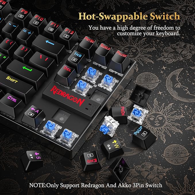 Redragon K552 Mechanical Gaming Keyboard 60% Compact 87 Key Kumara Wired Cherry MX Blue Switches Arabic