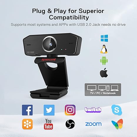 Redragon GW800 1080P PC Webcam with Built-in Dual Microphone