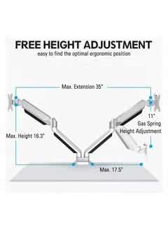 Gadgeton GGO-2076 Pole-Mounted Gas Spring Aluminum Dual Monitor Arm, Stand And Mount For Gaming And Office Use
